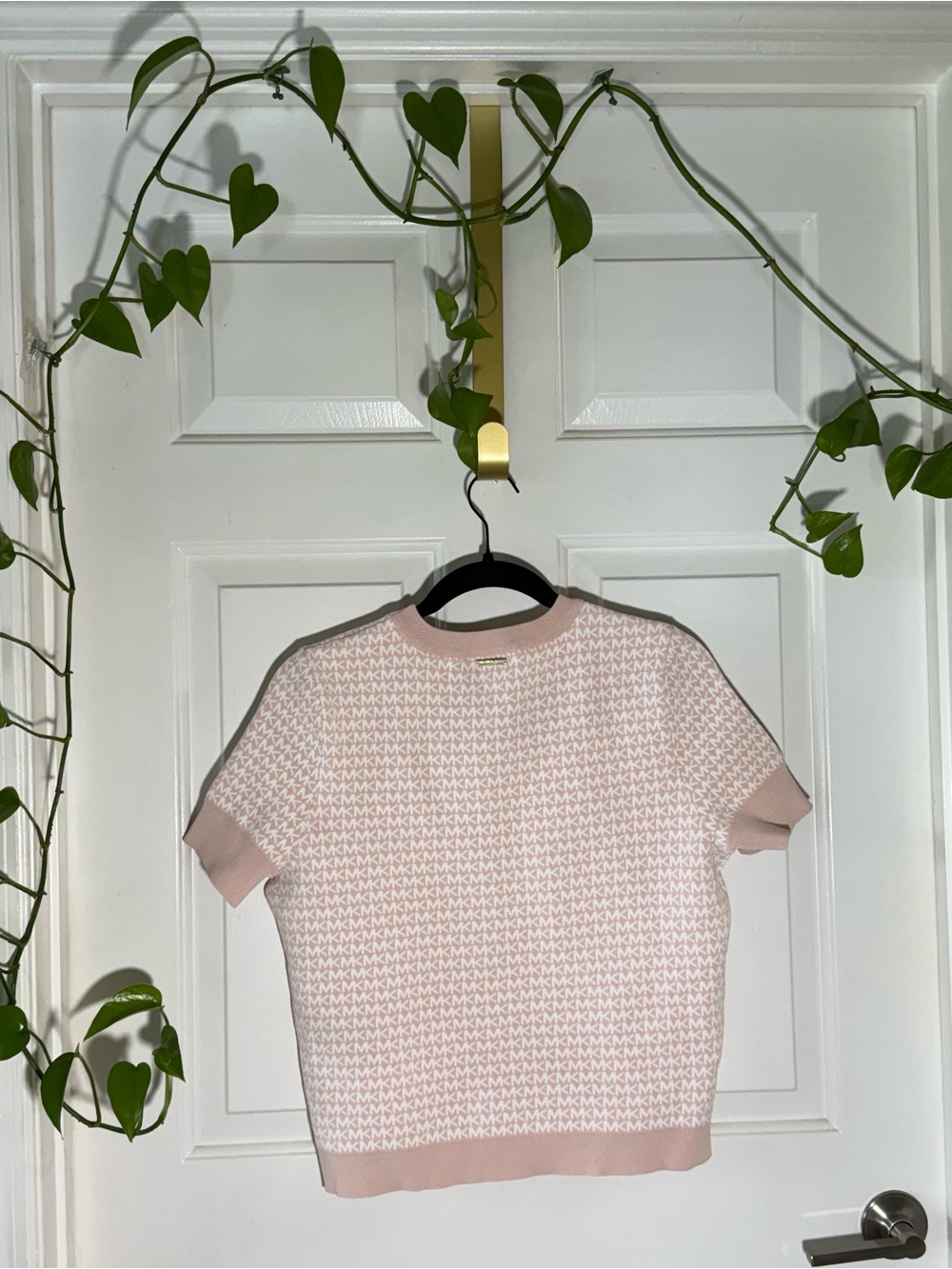 Women’s Large Michael Kors Light Pink Logo Jacquard Short-Sleeve Knit Top